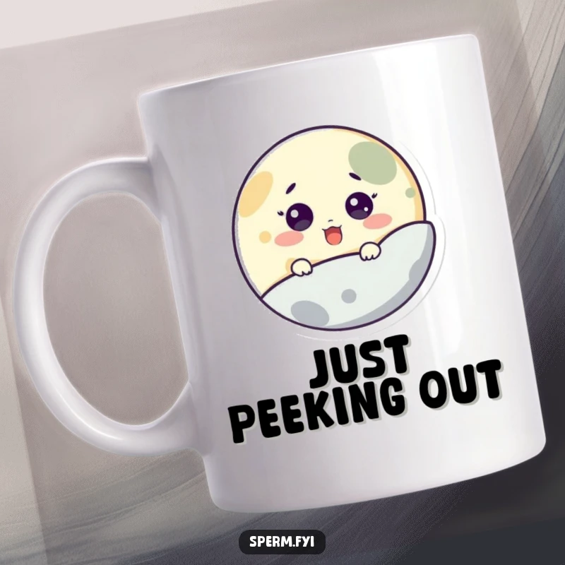 Funny mug featuring a surprised little moon character peeking playfully from behind a vibrant planet, showcasing cosmic mischief.