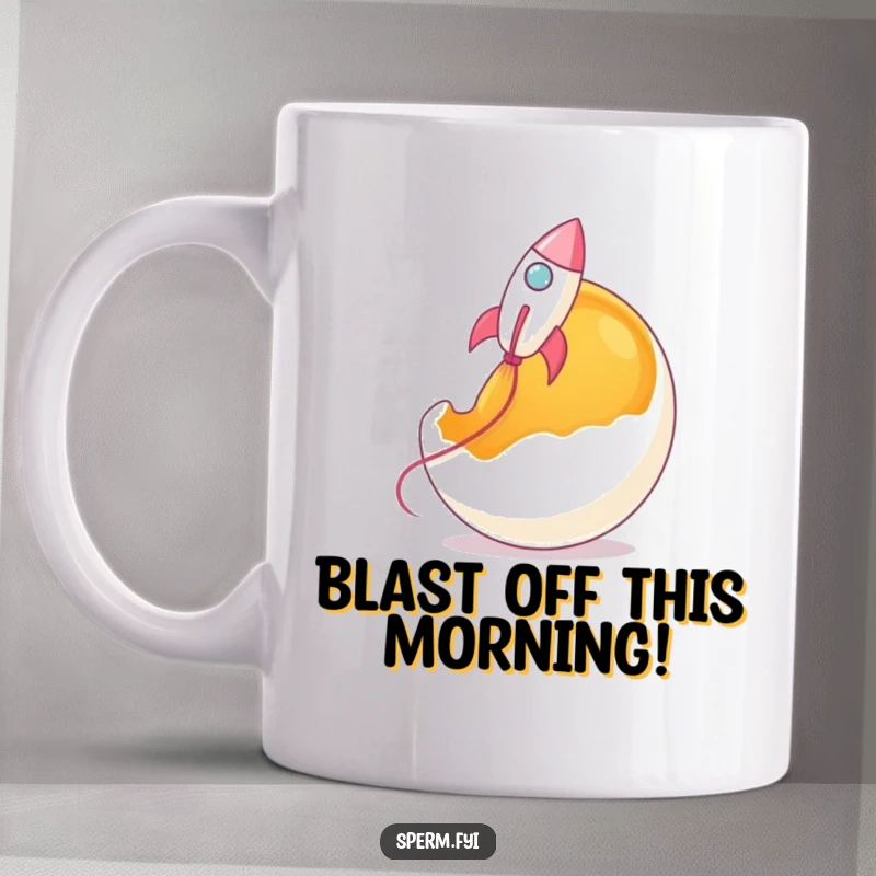 Funny rocket sperm mug, blasting off from a giant egg yolk, symbolizing new life and humor.