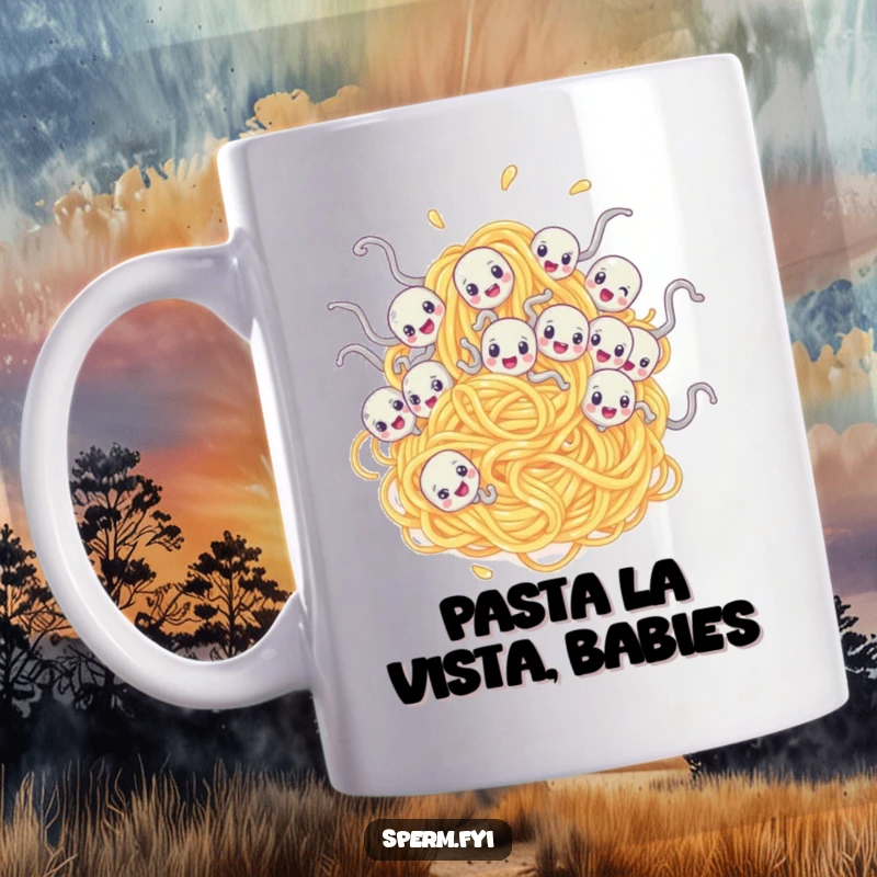 Funny mug showing multiple sperm characters hilariously tangled in a giant spaghetti noodle, creating a chaotic and comical scene.