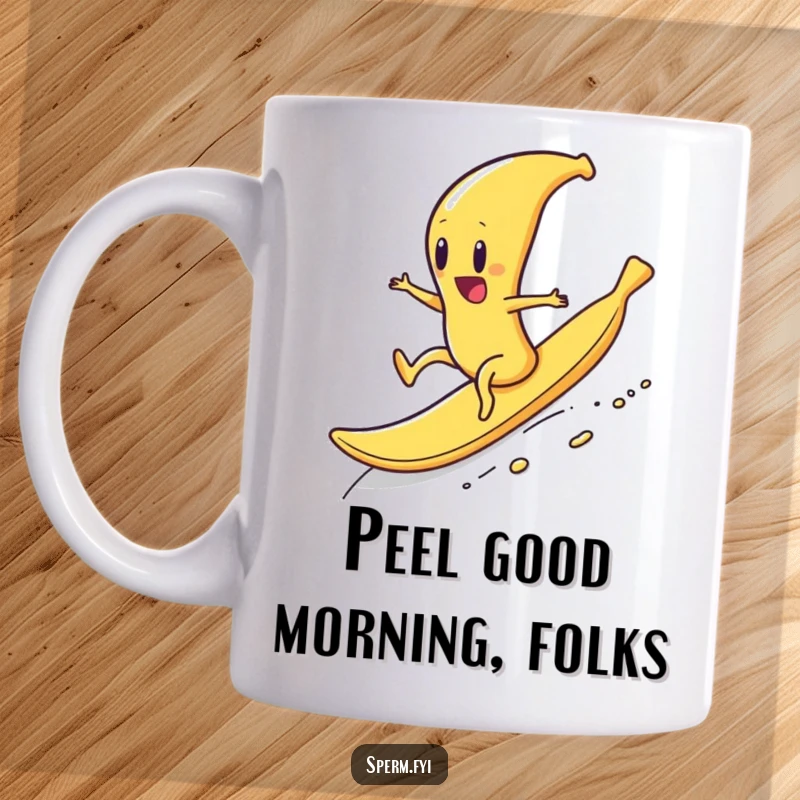 Funny mug showing a sperm character gleefully riding a banana peel downhill, capturing a moment of pure, slippery fun.