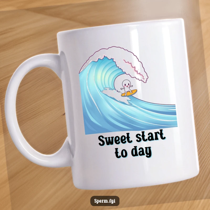 Funny mug depicting a sperm character attempting to surf on a huge gummy bear wave, capturing a moment of sweet, challenging fun.