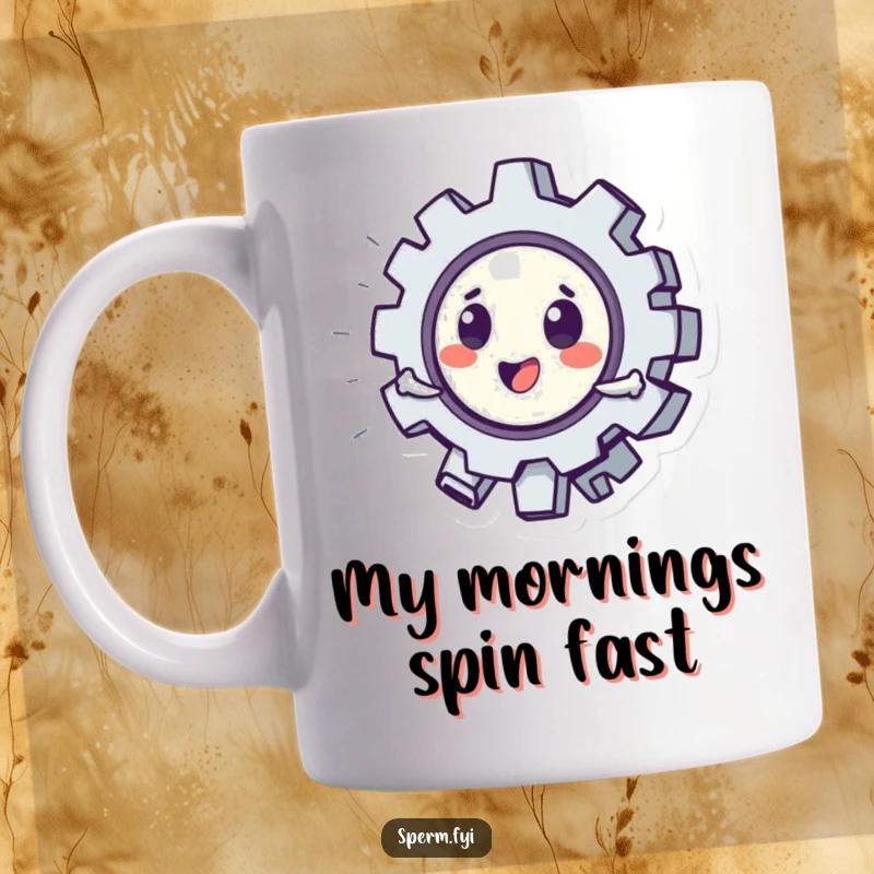 Funny mug showcasing a playful gear character energetically spinning, implying constant motion and good cheer for mechanics.