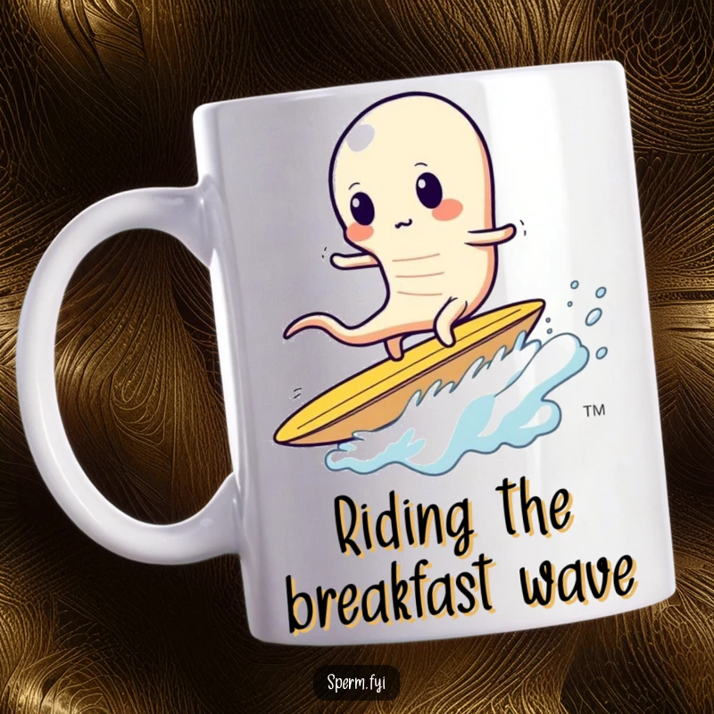 Funny sperm mug, wobbly while attempting to surf a giant potato chip, snack humor.