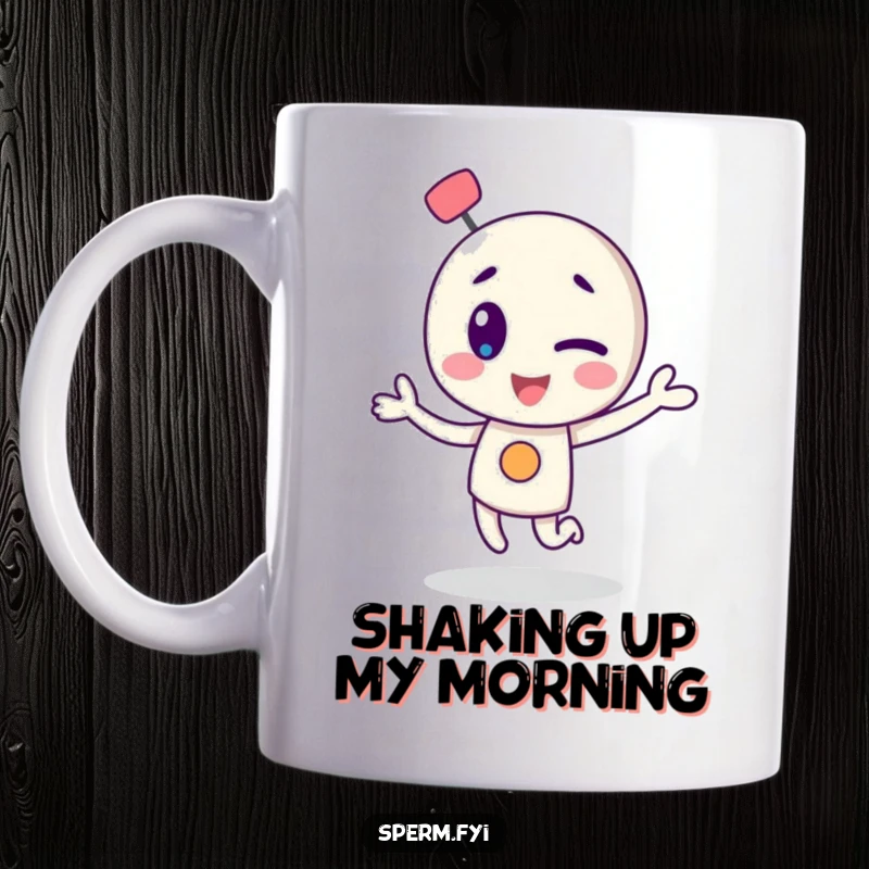 Funny mug with a winking atom character doing a playful dance, perfect for science enthusiasts.