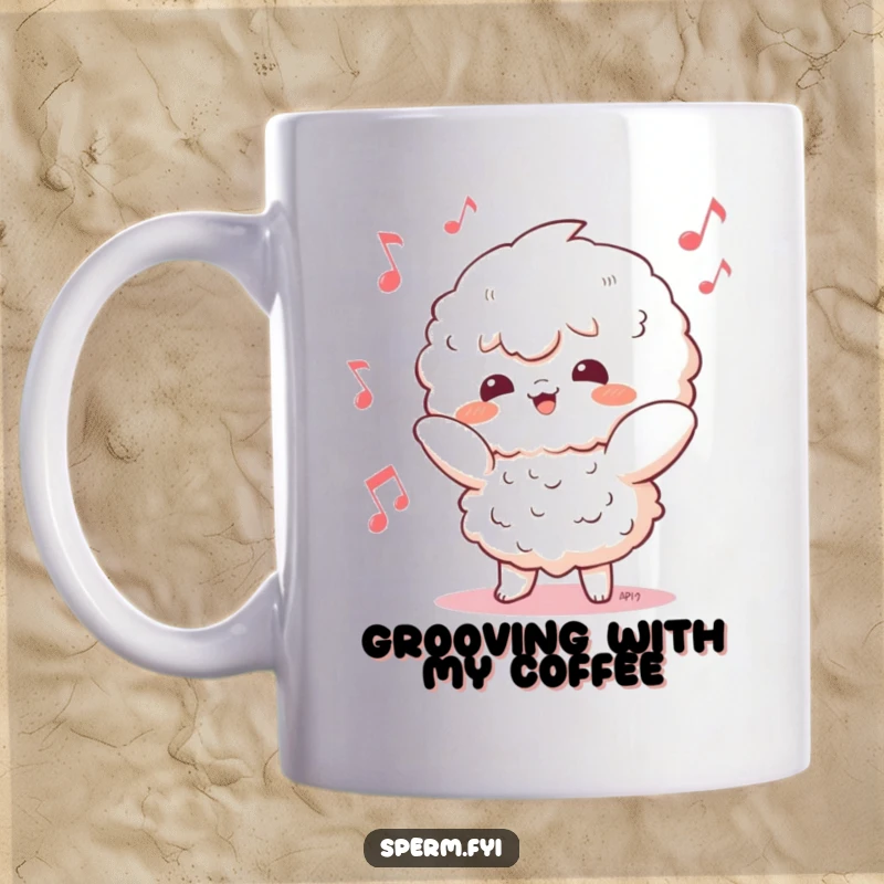 Funny Kawaii character mug in a silly dance pose, surrounded by cheerful musical notes, radiating pure joy and rhythm.