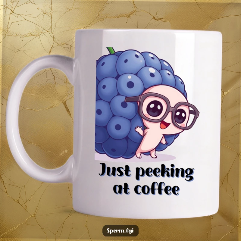 Funny sperm mug, wearing oversized glasses, peeking curiously from behind a huge blueberry.