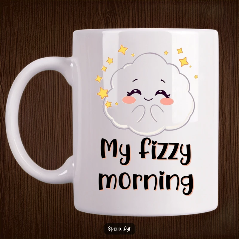 Funny mug with a giggling galaxy cloud character playfully blowing iridescent bubbles filled with tiny stars, conveying whimsical joy.