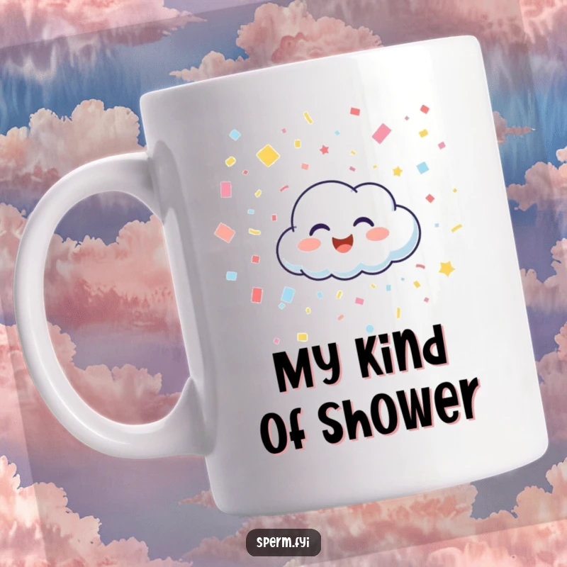 Funny mug with a happy, giggling cloud character joyfully raining colorful confetti, bringing cheerful vibes.