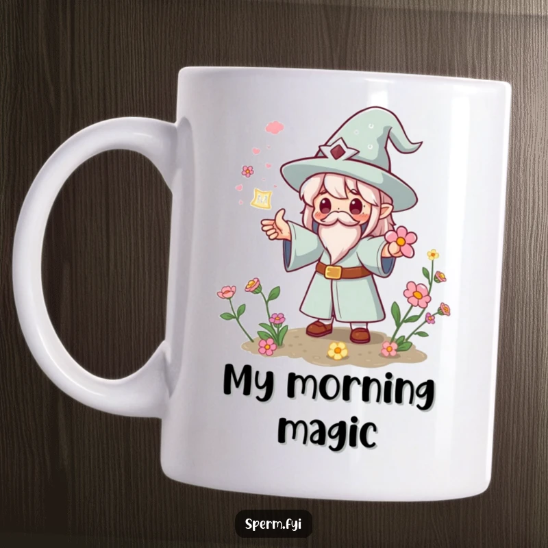 Funny Kawaii wizard mug casting a spell for instant flowers to bloom, magical and a funny gift.