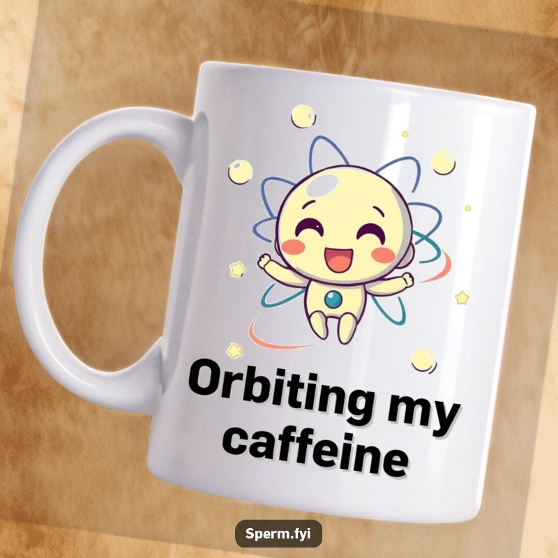 Funny mug with a delighted electron character happily orbiting in a circle, radiating positive energy and scientific charm.