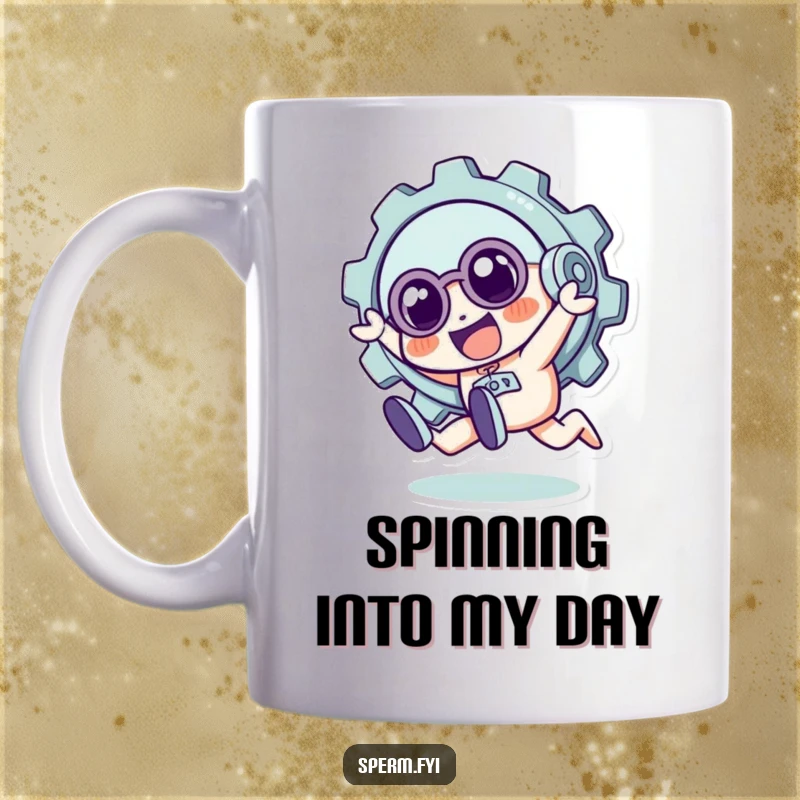 Funny mug with a quirky, anthropomorphic gear character in a playful, mid-tumble motion, conveying energetic fun.