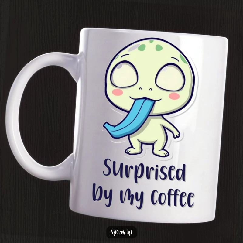 Funny alien mug, surprised expression, sticking out a long blue tongue, perfect for funny, quirky gifts.