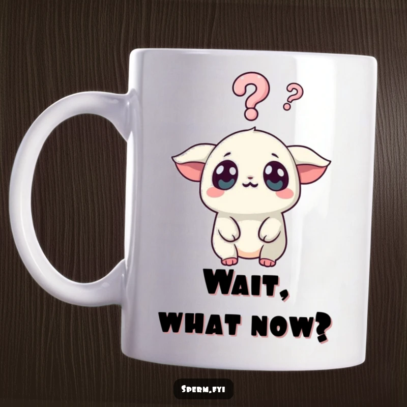 Funny Kawaii Creature Mug: A surprised Kawaii creature with wide eyes stares at a floating question mark, expressing funny, curious wonder.