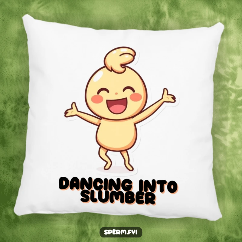 Funny, soft pillow featuring a happy smiley face character engaged in a silly, joyful dance.
