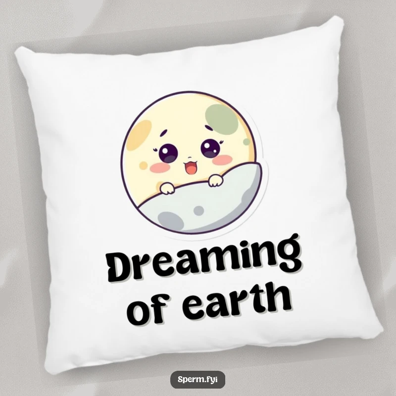 Funny pillow featuring a surprised little moon character peeking playfully from behind a planet, perfect for adding comfort and humor.