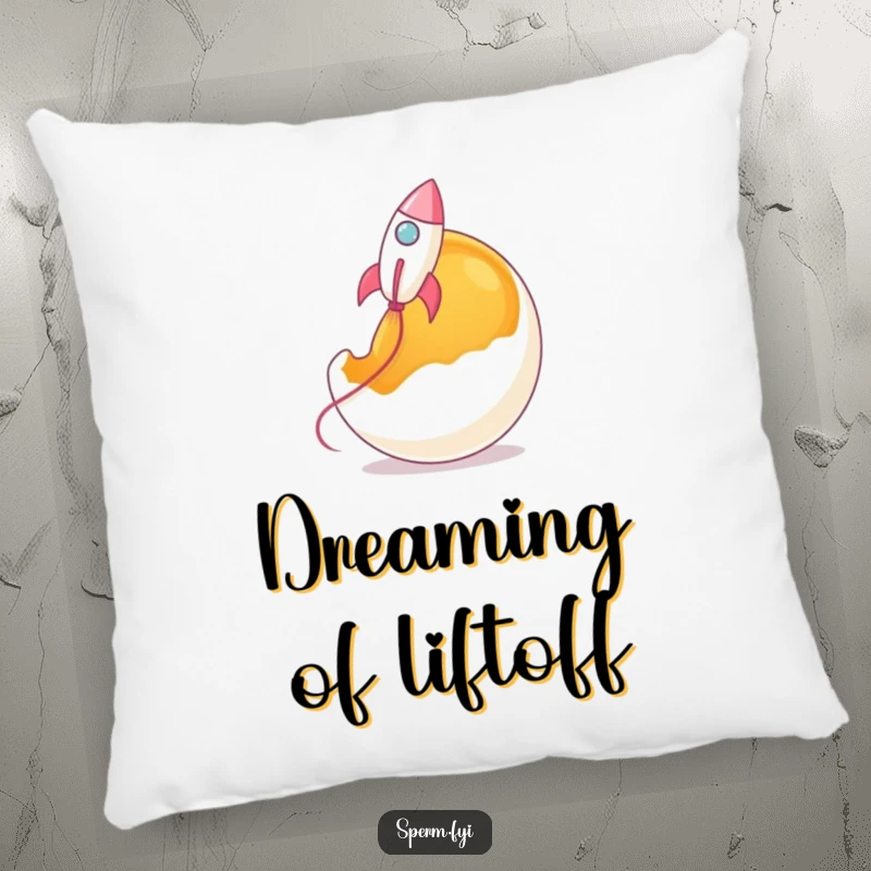 Funny rocket sperm pillow, a sperm styled as a rocket launching from an egg yolk.