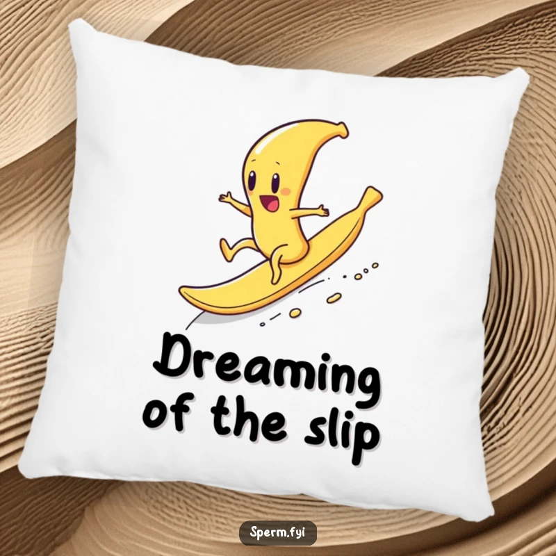 Funny decorative pillow featuring a sperm character riding a banana peel downhill, offering soft comfort and comedic action.