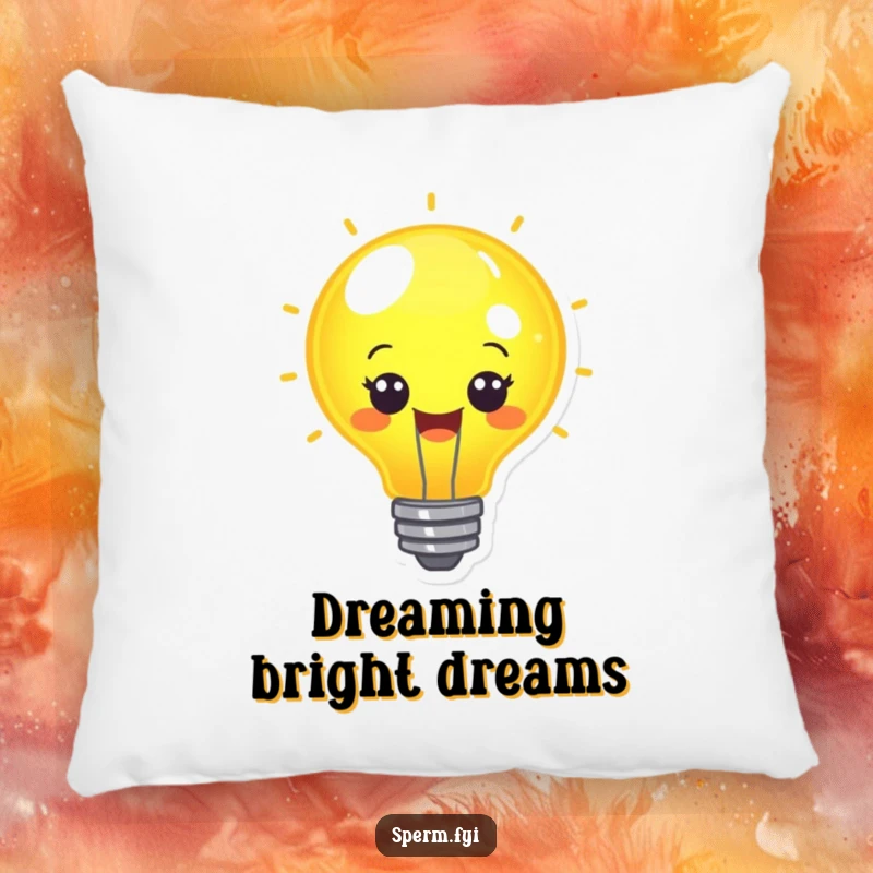 Funny cheerful lightbulb character glowing warmly on a soft pillow.