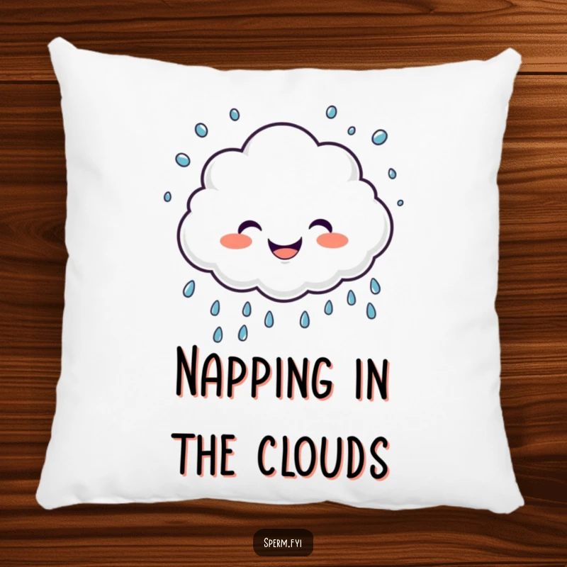 Funny, soft pillow featuring a giggling cloud character joyfully sprinkling raindrops, perfect for humorous decor.