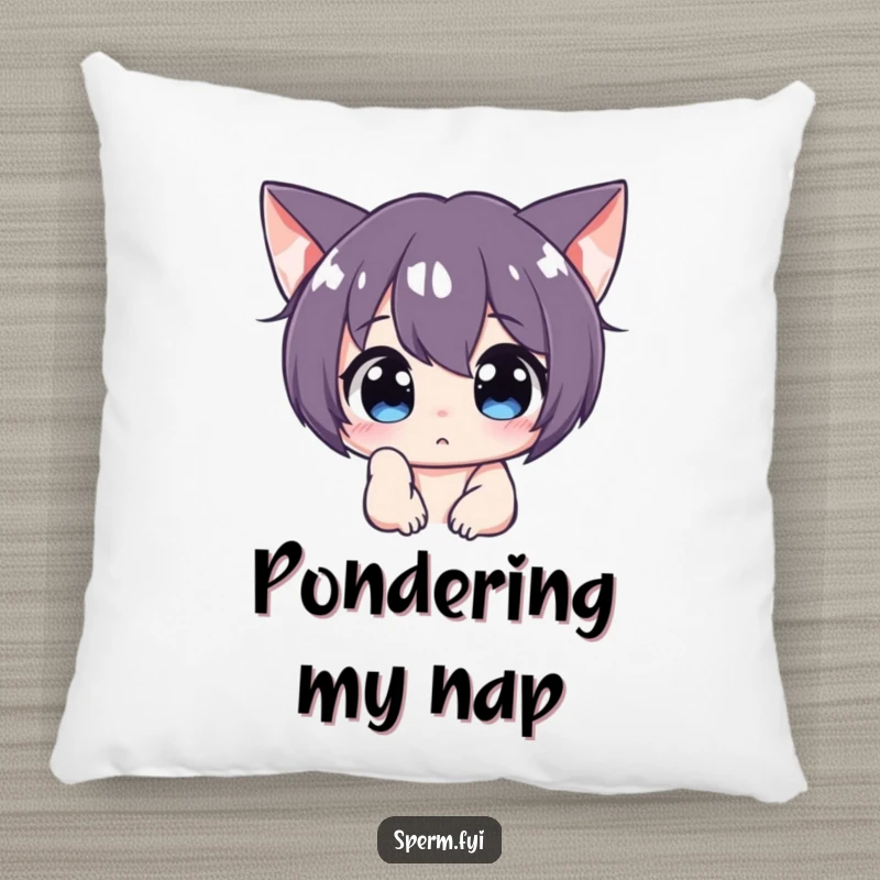 Funny curious character peering intently off-screen on a soft pillow, bringing comfort and playful mystery.