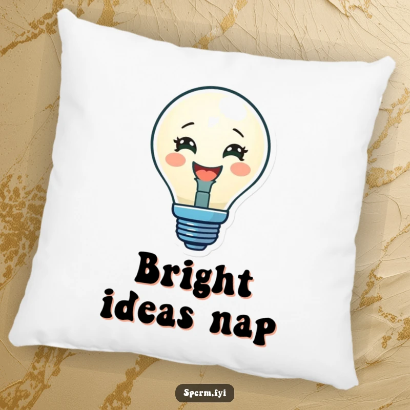 Funny pillow featuring a delighted lightbulb character glowing brightly, perfect for adding warm comfort and intellectual charm.