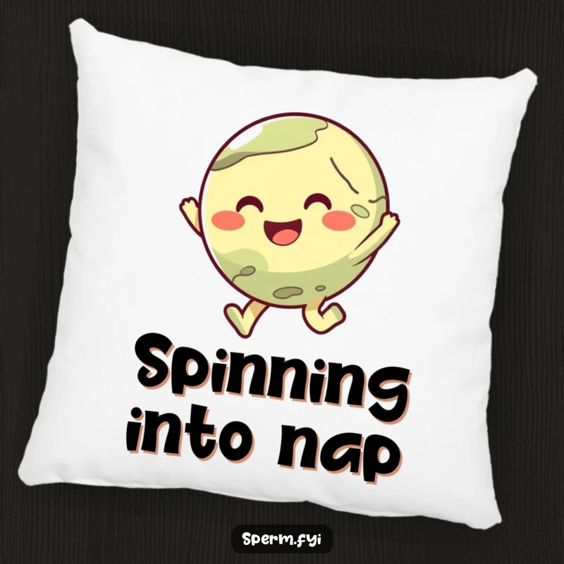 Funny, soft pillow displaying a cute planet character in the midst of a joyful hop.