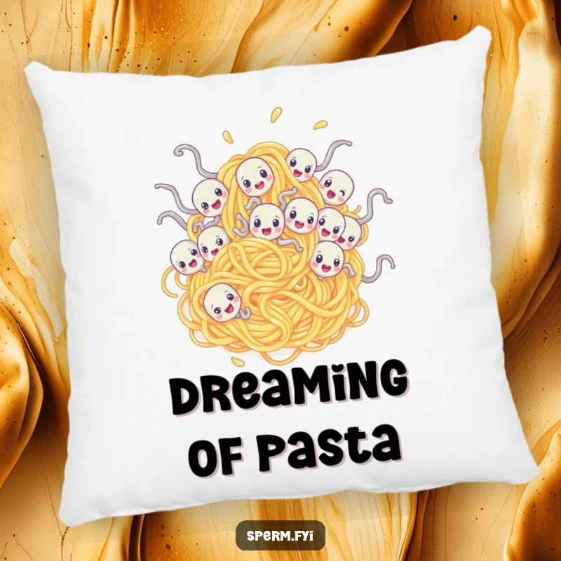 Funny decorative pillow featuring sperm characters tangled in a spaghetti noodle, offering soft, humorous comfort.
