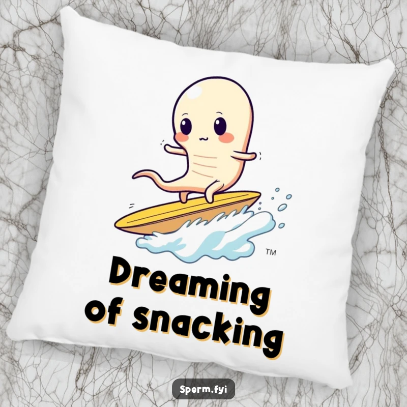 Funny sperm decorative pillow, a sperm looking unsteady while surfing a giant potato chip.