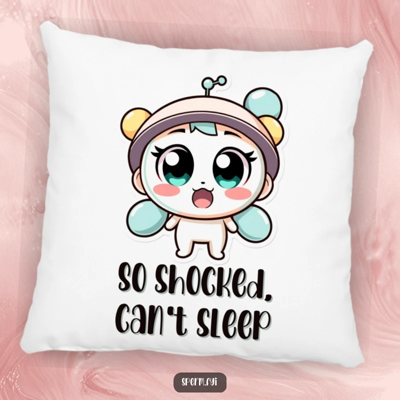 Funny pillow featuring a surprised molecule character with wide eyes, offering comfort and comedic value.