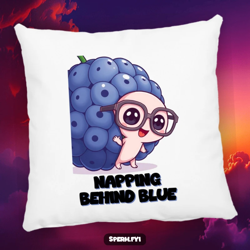Funny sperm decorative pillow, wearing oversized glasses, peeking from behind a giant blueberry.