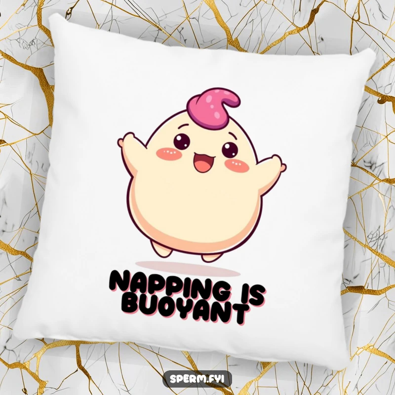 Funny blob pillow depicting a happy character cheerfully bouncing upwards, offering cozy, joyful comfort.
