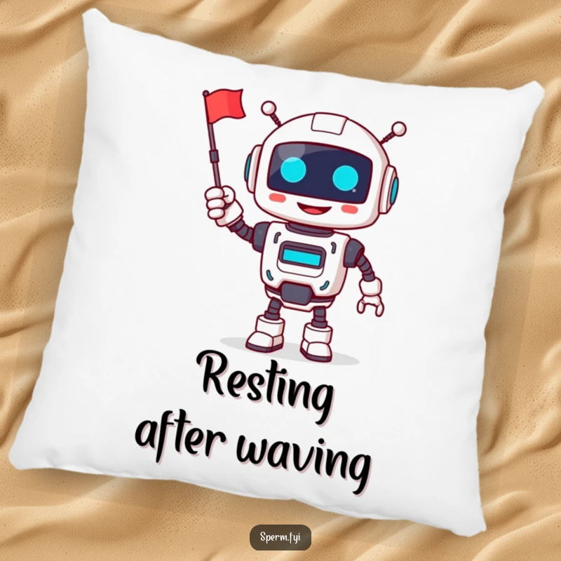 Funny robot pillow, smiling, cheerfully waving a tiny flag, soft home decor for cheerful tech lovers.