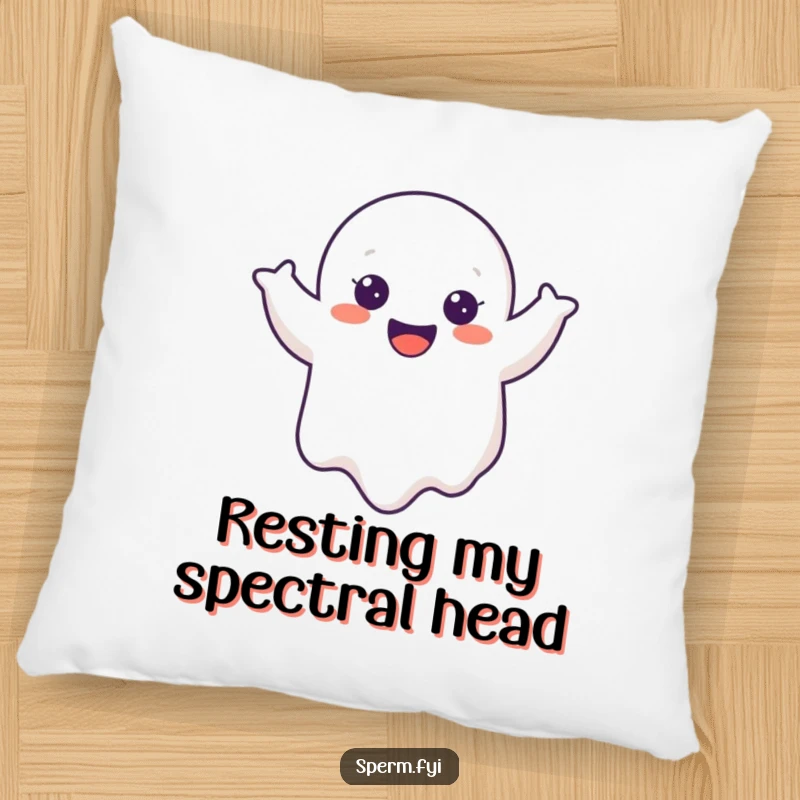 Funny Ghost Pillow featuring a cheerful cartoon ghost doing a joyful wobble, providing comfort and humor.