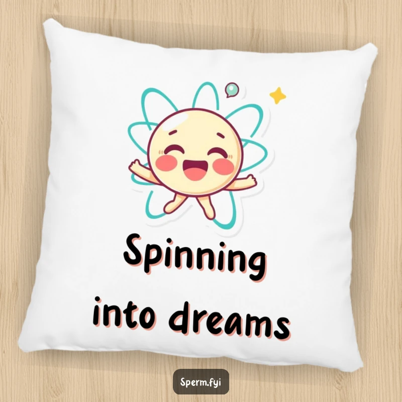 Funny pillow featuring a joyful little atom character happily spinning, perfect for adding energy and comfort to any space.