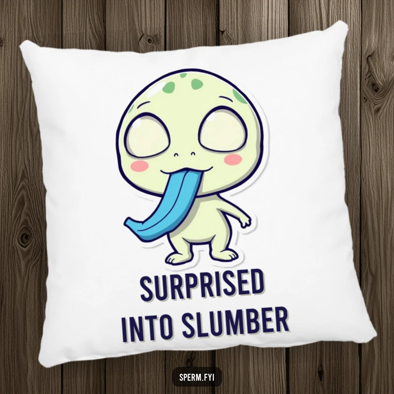 Funny alien pillow, surprised face, sticking out a long blue tongue, soft home decor for quirky vibes.