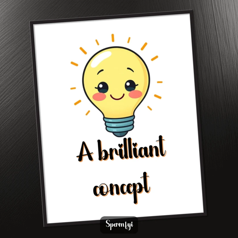 Funny digital art print of a smiling lightbulb character symbolizing a bright idea, perfect for modern decor.