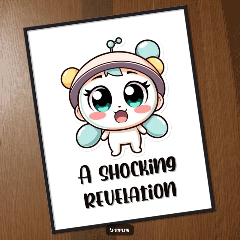 Funny digital art print of a surprised molecule character with wide eyes, ideal for expressive decor.