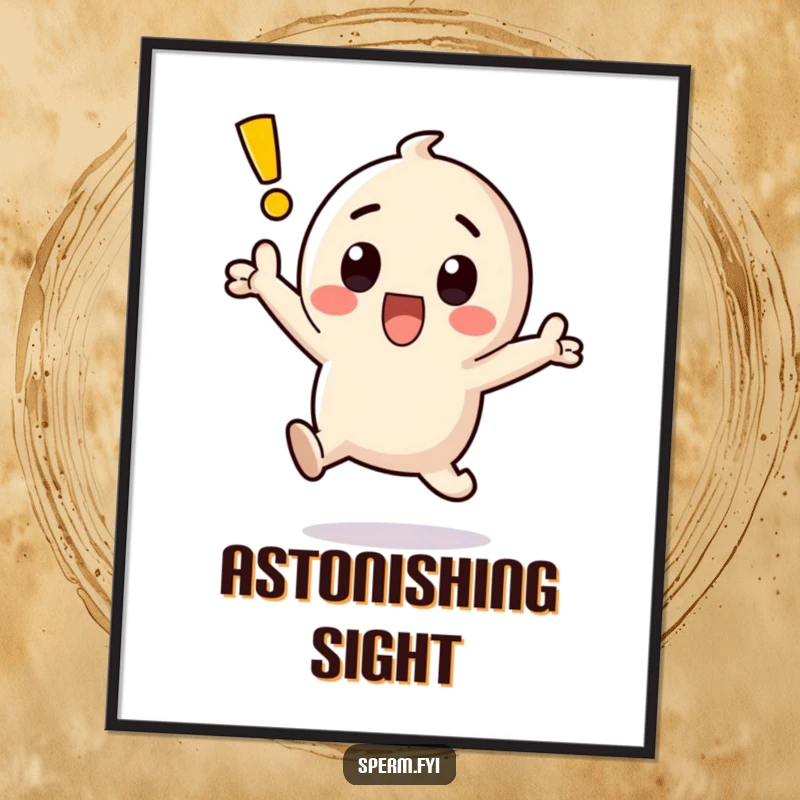 Funny kawaii exclamation point character leaping with surprise and wide eyes, high energy, high resolution digital art print.