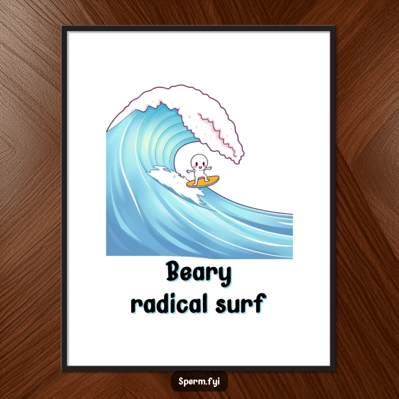 Funny digital art print of a sperm character attempting to surf a giant gummy bear wave, ready for instant download.