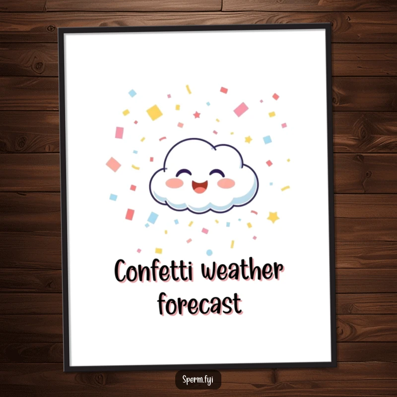 Funny digital art print of a happy cloud character giggling and raining confetti, offering instant cheerful and humorous decor.