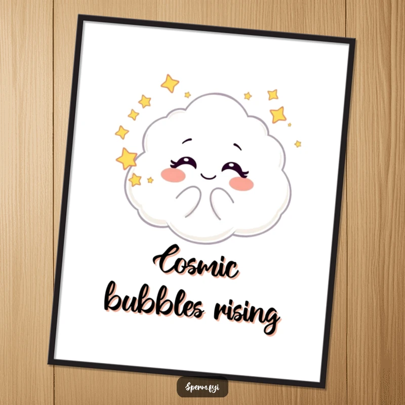Funny digital art print of a giggling galaxy cloud character blowing starry bubbles, offering instant whimsy and enchanting visual appeal.