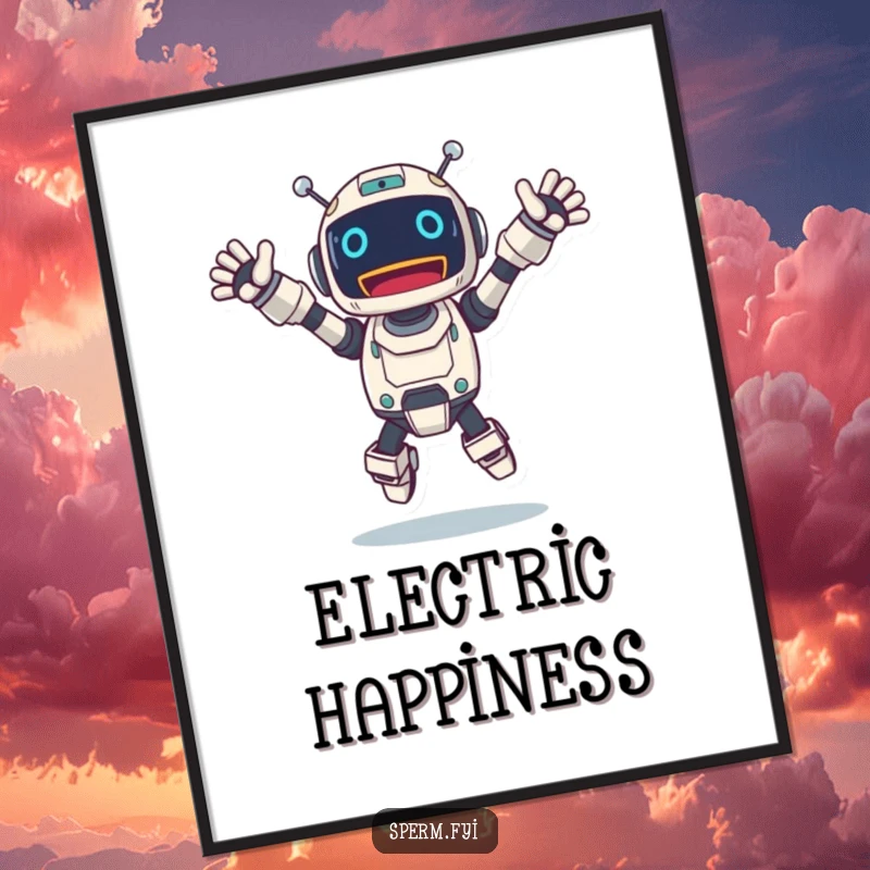 Funny robot digital art of an excited character mid-leap, arms outstretched, radiating pure mechanical delight and energy.