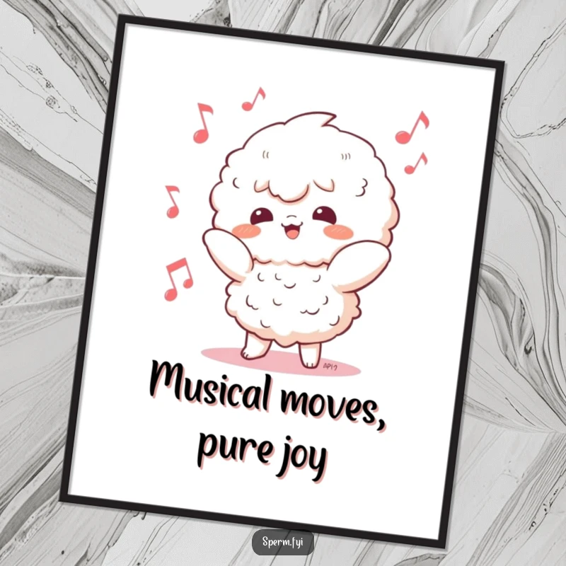 Funny Kawaii character digital art print of a dancer in a silly pose with musical notes, perfect for vibrant decor.