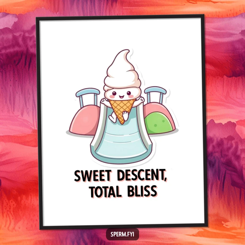 Funny Kawaii ice cream cone digital art print of a character joyfully sliding down a colorful slide, perfect for vibrant decor.