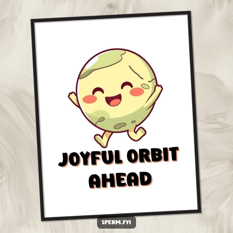 Funny digital art print of a cute planet character joyfully hopping, adding a humorous and charming visual.