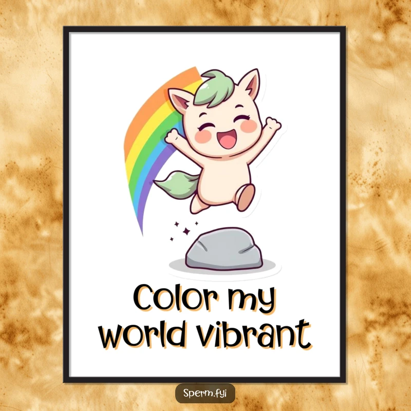 Funny rainbow leap digital art, a character jumping over an obstacle with a rainbow trail, high-resolution vibrant artwork.