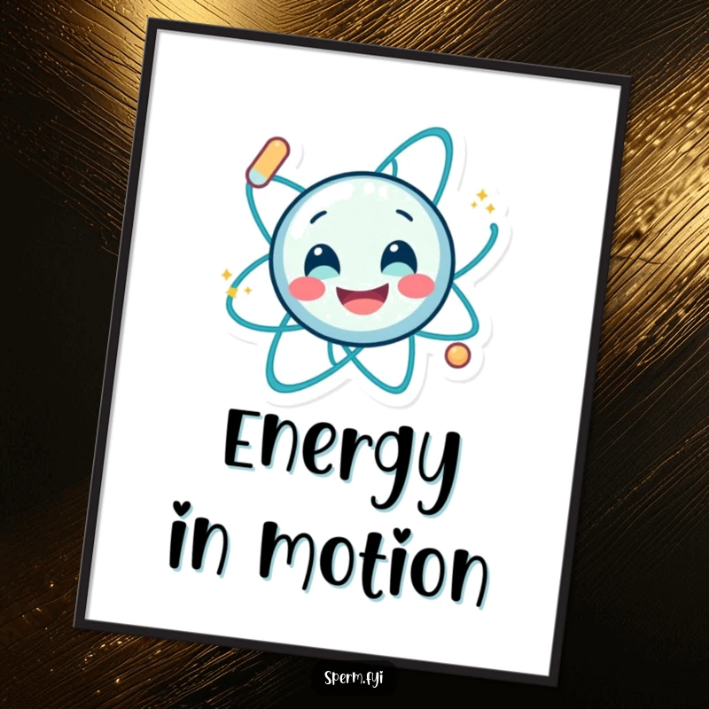 Funny digital art print of a smiling atom character spinning energetically, offering instant dynamic and humorous decor.