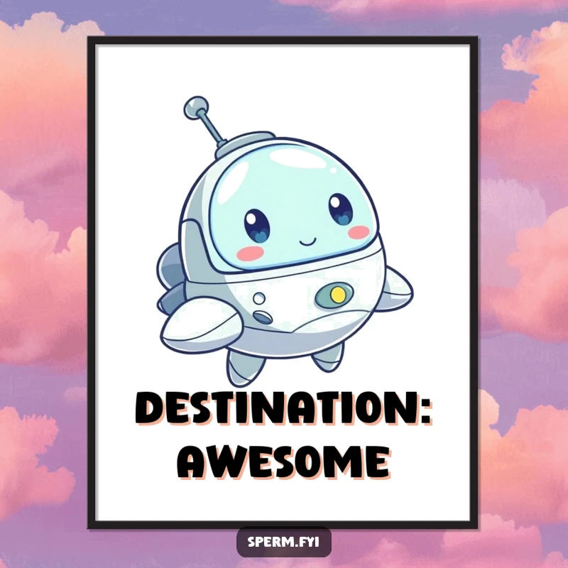 Funny digital art print of a bouncing little spaceship character with a determined look, perfect for instant adventurous decor.