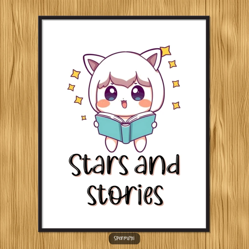 Funny surprised character with stars around its head, looking at a floating book, high-resolution digital art print.