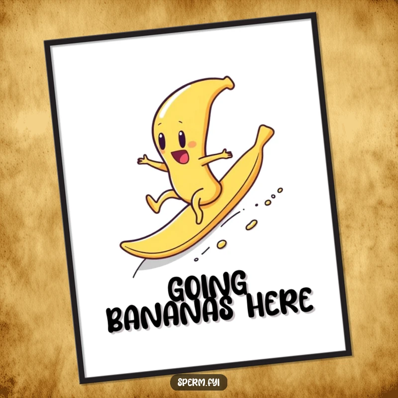 Funny digital art print of a sperm character enthusiastically riding a banana peel downhill, ready for instant download.